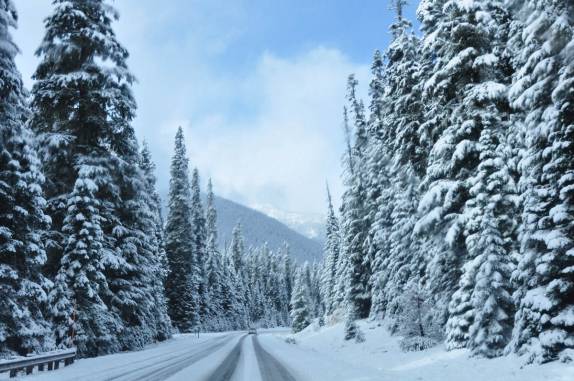 Dirigindo em estrada cheia de neve, no North Cascades National Park, no estado de Washington, noroeste dos  Estados Unidos